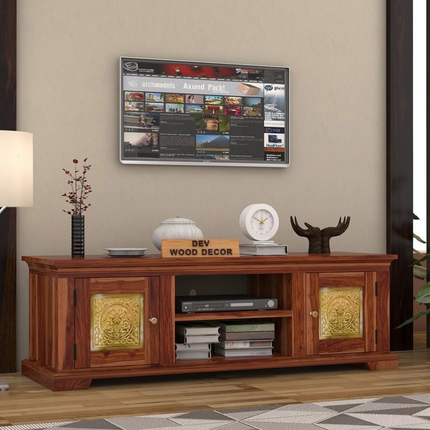 Solid Sheesham Wood TV Cabinet with 2 Door and 2 Open Shelves Storage for Living Room Kitchen Wooden Entertainment TV Unit Center Console TV Stand for Bedroom