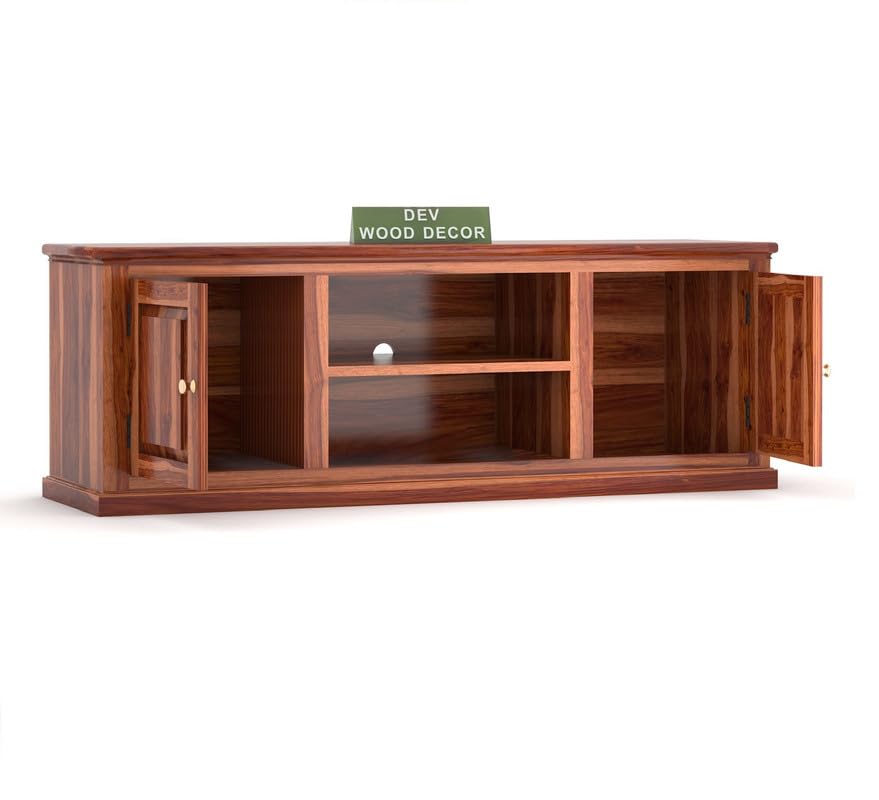 Solid Sheesham Wood TV Cabinet with 2 Door and 2 Open Shelves Storage for Living Room Kitchen Wooden Entertainment TV Unit Center Console TV Stand for Bedroom