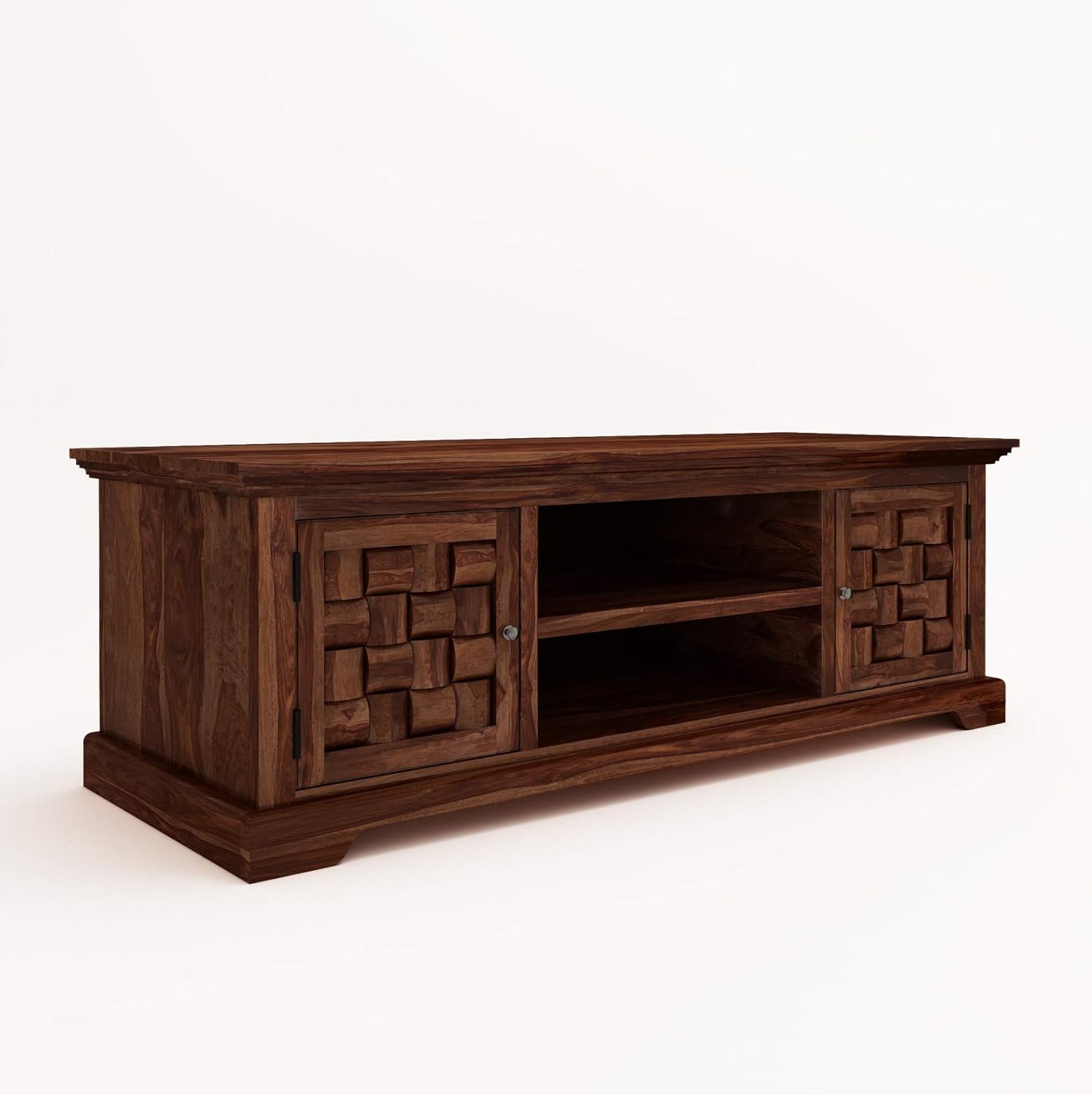 Solid Sheesham Wood TV Cabinet with 2 Door and 2 Open Shelves Storage for Living Room Wooden Entertainment TV Unit Center Console TV Stand for Bedroom, Home