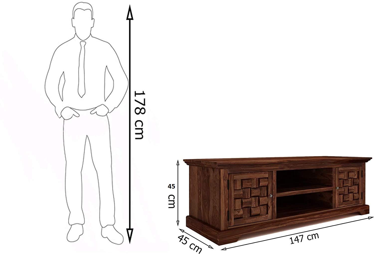 Solid Sheesham Wood TV Cabinet with 2 Door and 2 Open Shelves Storage for Living Room Wooden Entertainment TV Unit Center Console TV Stand for Bedroom, Home