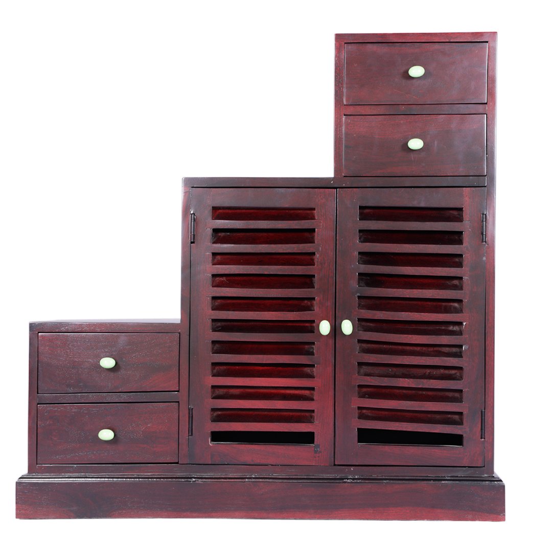 Solid Sheesham Wood Step Multipurpose Storage Cabinet 4 Drawer and 2 Shutter Design Doors for Living Room Wooden Shoe Rack Cabinet Footwear Stand Organizer Furniture