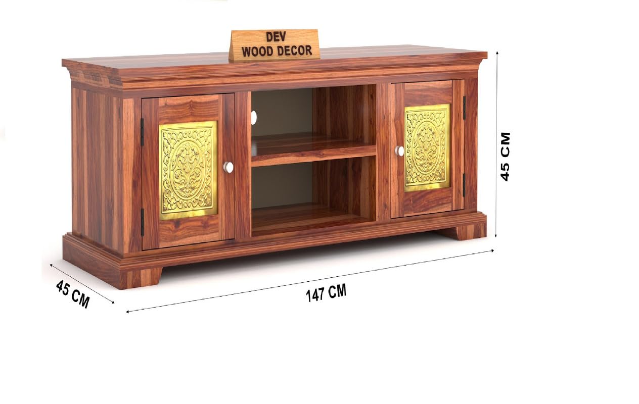 Solid Sheesham Wood TV Cabinet with 2 Door and 2 Open Shelves Storage for Living Room Kitchen Wooden Entertainment TV Unit Center Console TV Stand for Bedroom