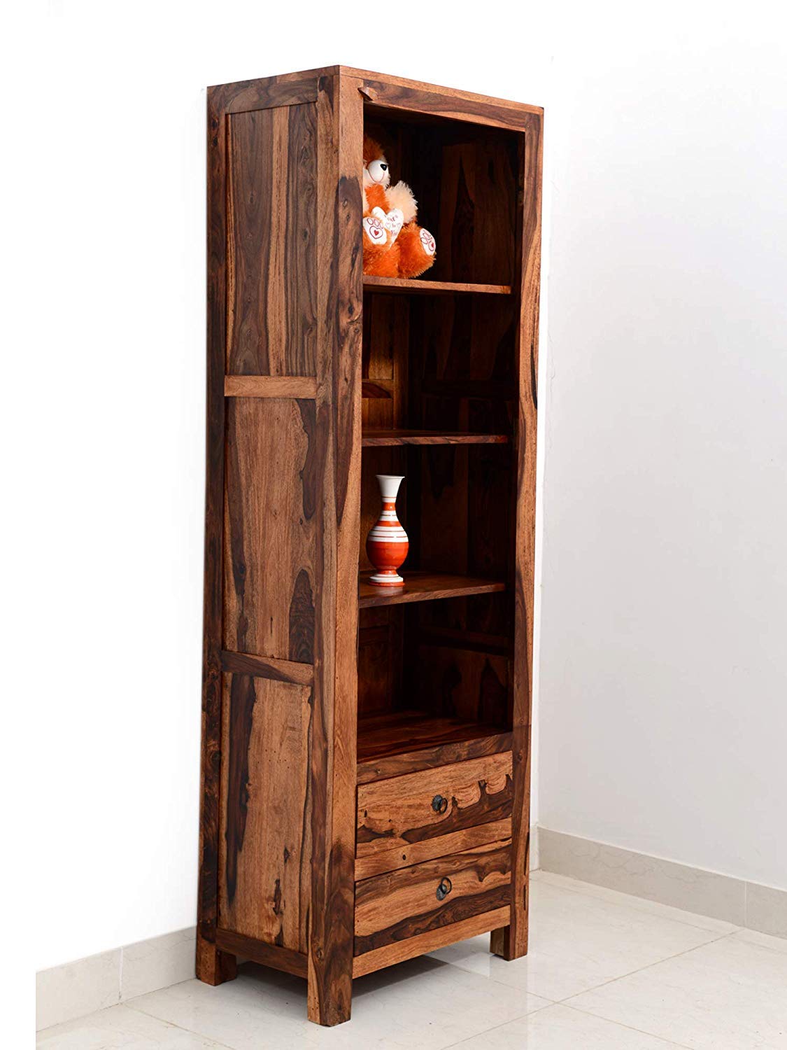 Sheesham Wood Bookshelf with 1 Drawer and Glass Door Storage for Living Room Wooden Display Rack Bookcase Stand Book Shelf Crockery Unit Furniture for Home Library