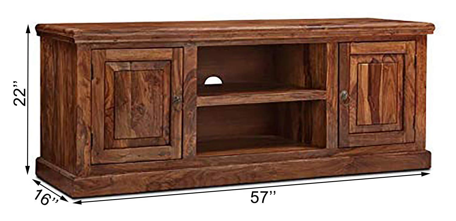 Solid Sheesham Wood TV Cabinet with 2 Door and 2 Open Shelves Storage for Living Room Kitchen Wooden Entertainment TV Unit Center Console TV Stand for Bedroom