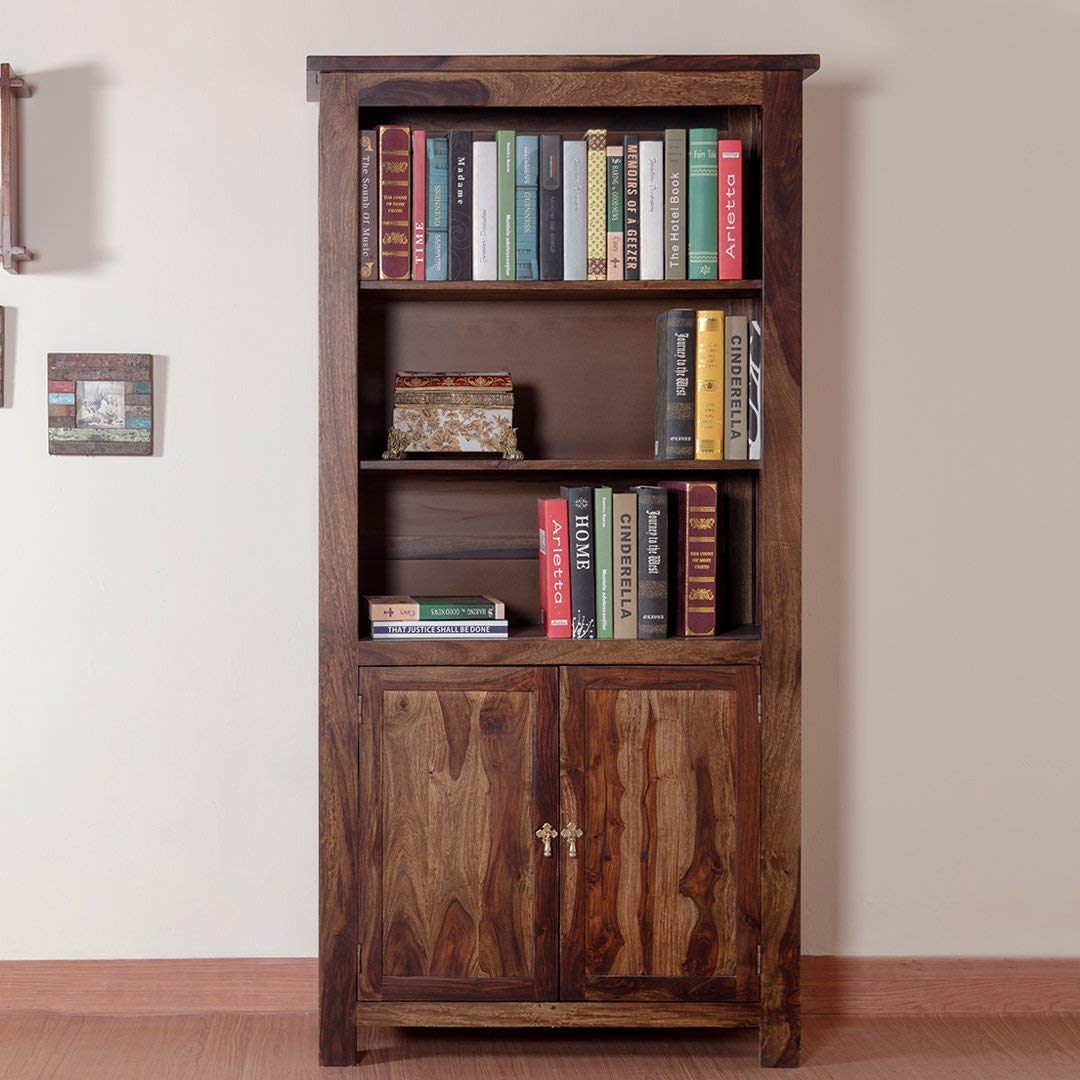 Sheesham Wood Bookshelf with 1 Drawer and Glass Door Storage for Living Room Wooden Display Rack Bookcase Stand Book Shelf Crockery Unit Furniture for Home Library