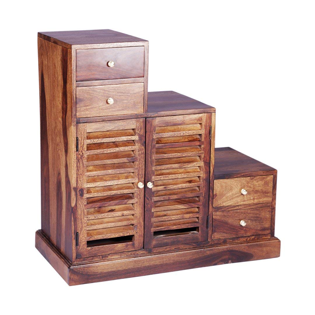 Solid Sheesham Wood Step Multipurpose Storage Cabinet 4 Drawer and 2 Shutter Design Doors for Living Room Wooden Shoe Rack Cabinet Footwear Stand Organizer Furniture