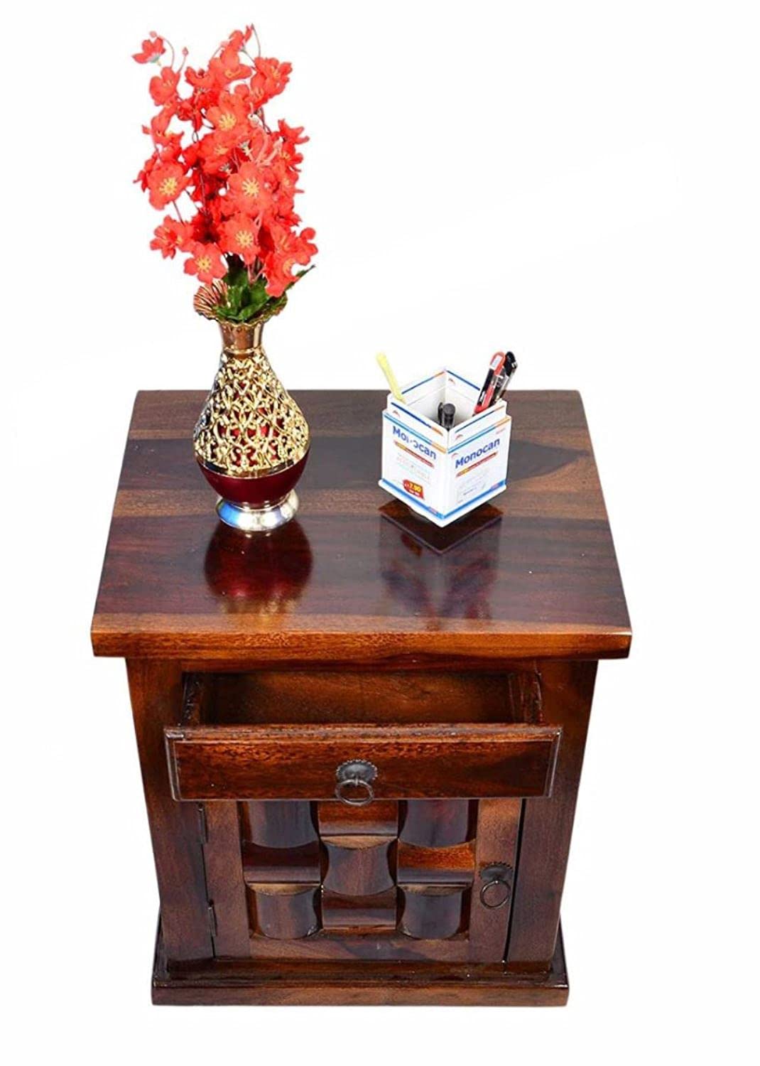 Solid Sheesham Wood Bedside Table with 1 Drawer and 1 Door Storage | Wooden Bed Side End Tables Night Stand for Home Living Room Bedroom - Brown Walnut Color Matte Finish