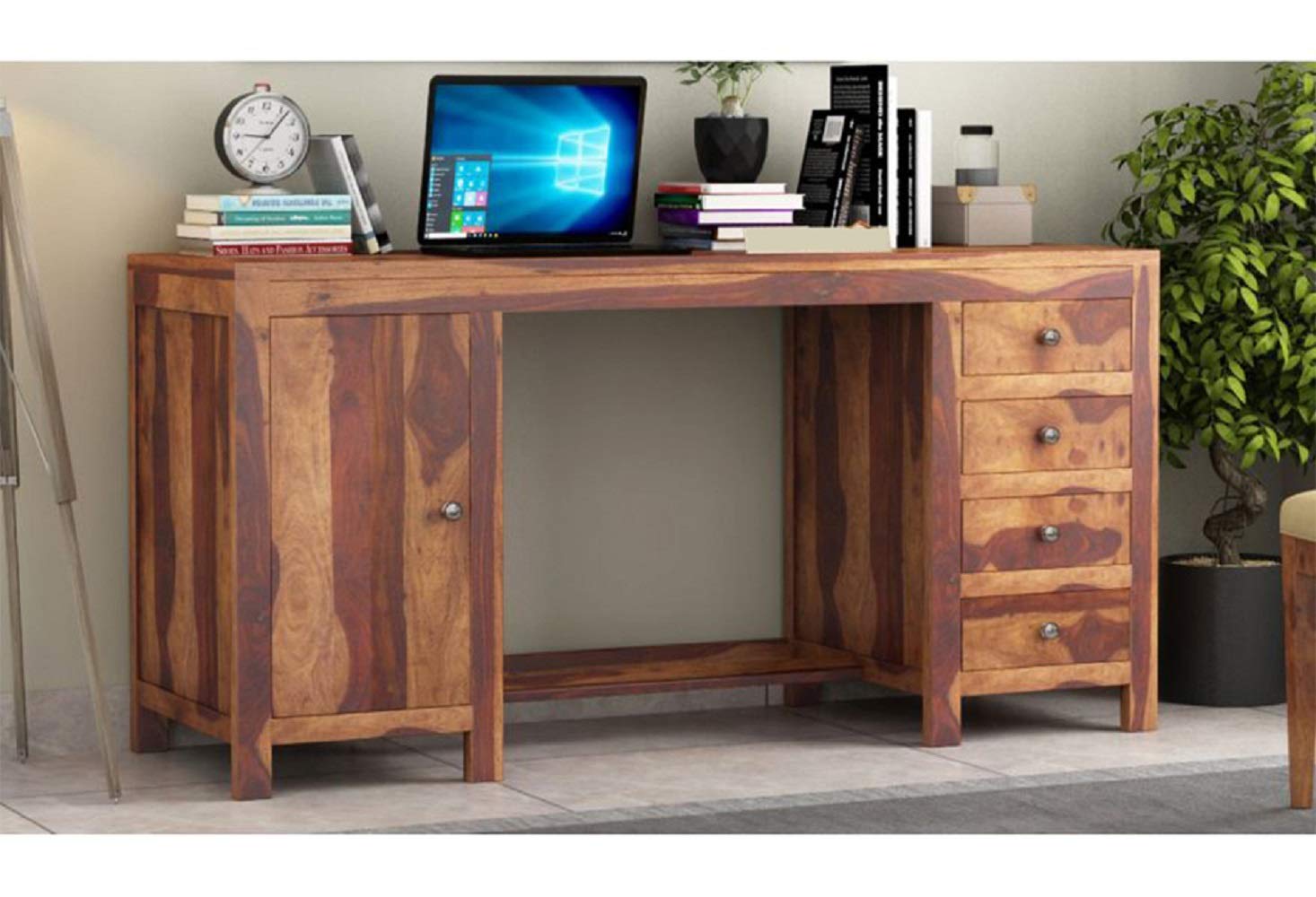 Solid Sheesham Wood Study Table with 4 Drawer and 1 Door Storage for Living Room | Wooden Computer Desktop Laptop Desk Furniture for Students Work Office Table for Home