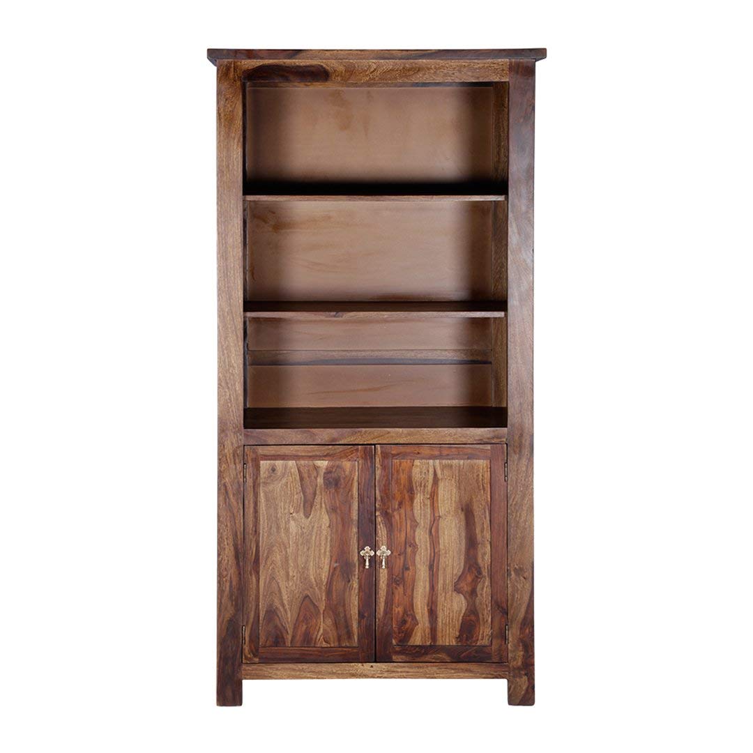 Sheesham Wood Bookshelf with 1 Drawer and Glass Door Storage for Living Room Wooden Display Rack Bookcase Stand Book Shelf Crockery Unit Furniture for Home Library
