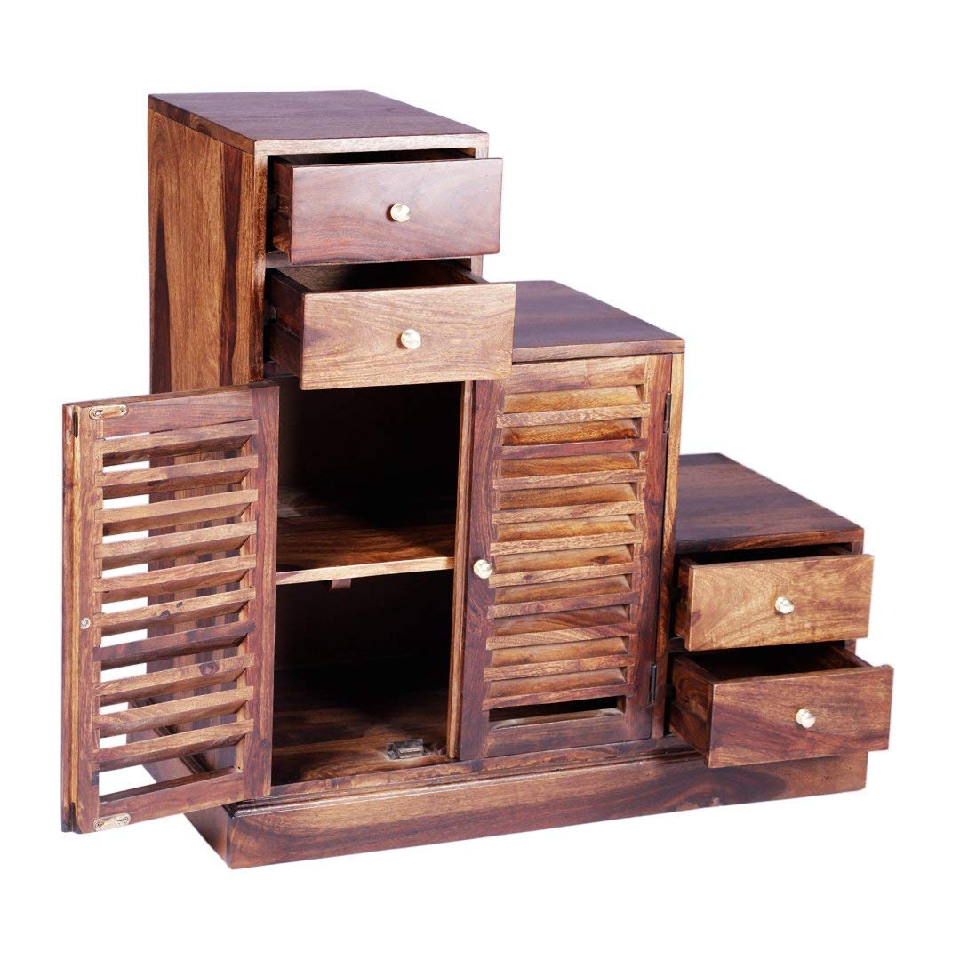 Solid Sheesham Wood Step Multipurpose Storage Cabinet 4 Drawer and 2 Shutter Design Doors for Living Room Wooden Shoe Rack Cabinet Footwear Stand Organizer Furniture
