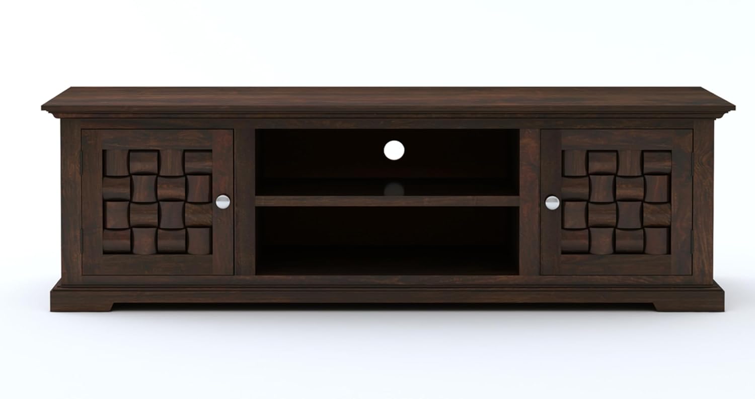 Solid Sheesham Wood TV Cabinet with 2 Door and 2 Open Shelves Storage for Living Room Kitchen Wooden Entertainment TV Unit Center Console TV Stand for Bedroom
