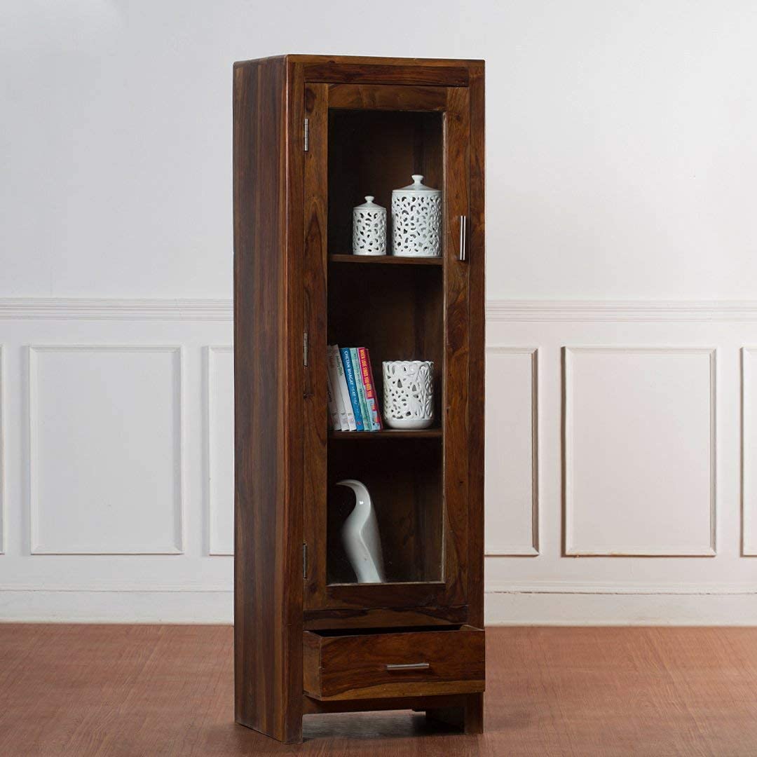 Sheesham Wood Bookshelf with 1 Drawer and Glass Door Storage for Living Room Wooden Display Rack Bookcase Stand Book Shelf Crockery Unit Furniture for Home Library