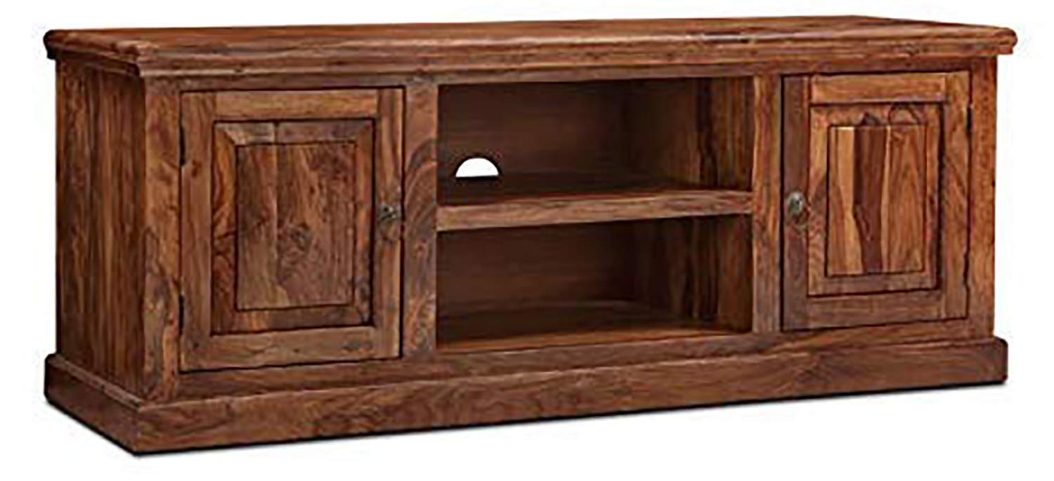 Solid Sheesham Wood TV Cabinet with 2 Door and 2 Open Shelves Storage for Living Room Kitchen Wooden Entertainment TV Unit Center Console TV Stand for Bedroom