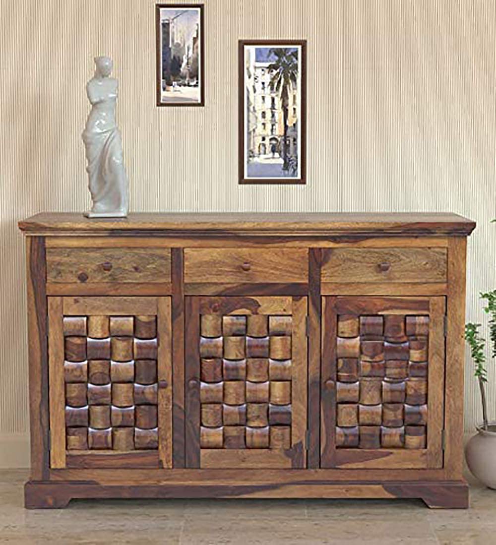 Solid Sheesham Wood Sideboard Cabinet with 3 Drawer and 3 Door Storage for Living Room Home and Office Wooden Floor Standing Cabinet Furniture for Entryway