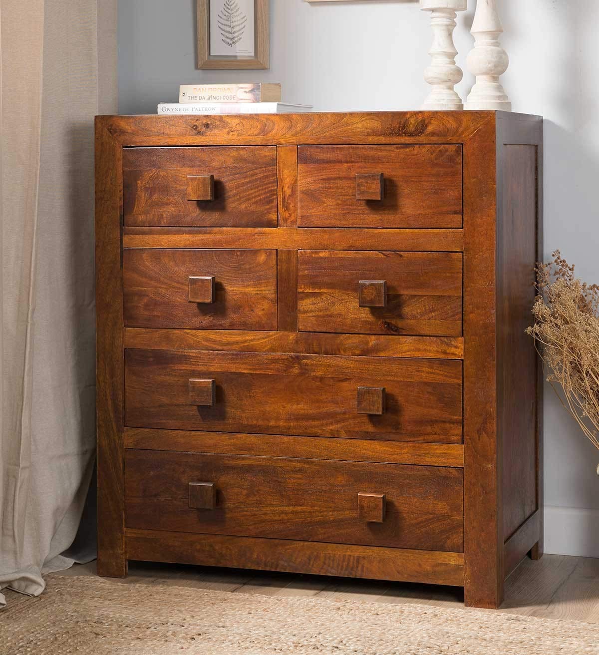 Solid Sheesham Wood Chest of Drawers with 6 Drawer Storage for Living Room Home Wooden Sideboard Cabinet Storage Organizer Unit for Bedroom