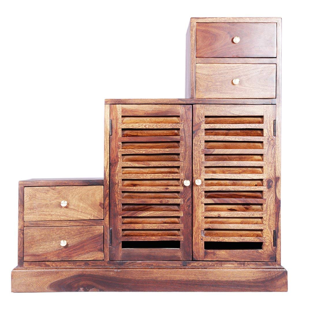 Solid Sheesham Wood Step Multipurpose Storage Cabinet 4 Drawer and 2 Shutter Design Doors for Living Room Wooden Shoe Rack Cabinet Footwear Stand Organizer Furniture