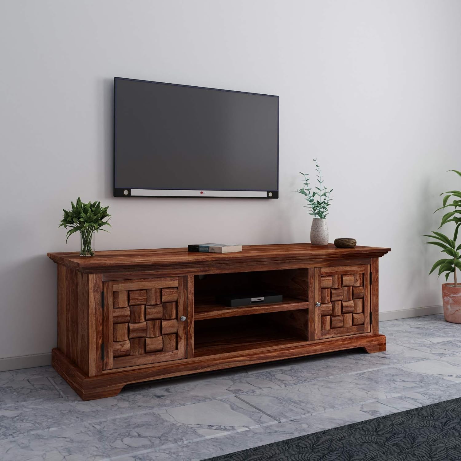 Solid Sheesham Wood TV Cabinet with 2 Door and 2 Open Shelves Storage for Living Room Wooden Entertainment TV Unit Center Console TV Stand for Bedroom, Home