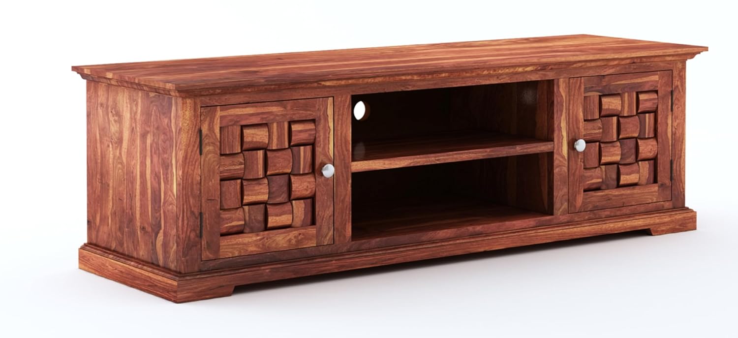 Solid Sheesham Wood TV Cabinet with 2 Door and 2 Open Shelves Storage for Living Room Kitchen Wooden Entertainment TV Unit Center Console TV Stand for Bedroom