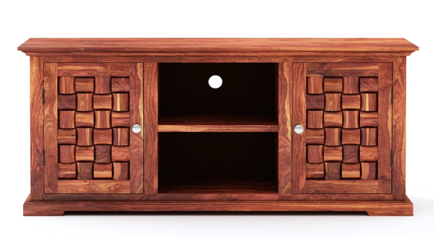 Solid Sheesham Wood TV Cabinet with 2 Door and 2 Open Shelves Storage for Living Room Kitchen Wooden Entertainment TV Unit Center Console TV Stand for Bedroom