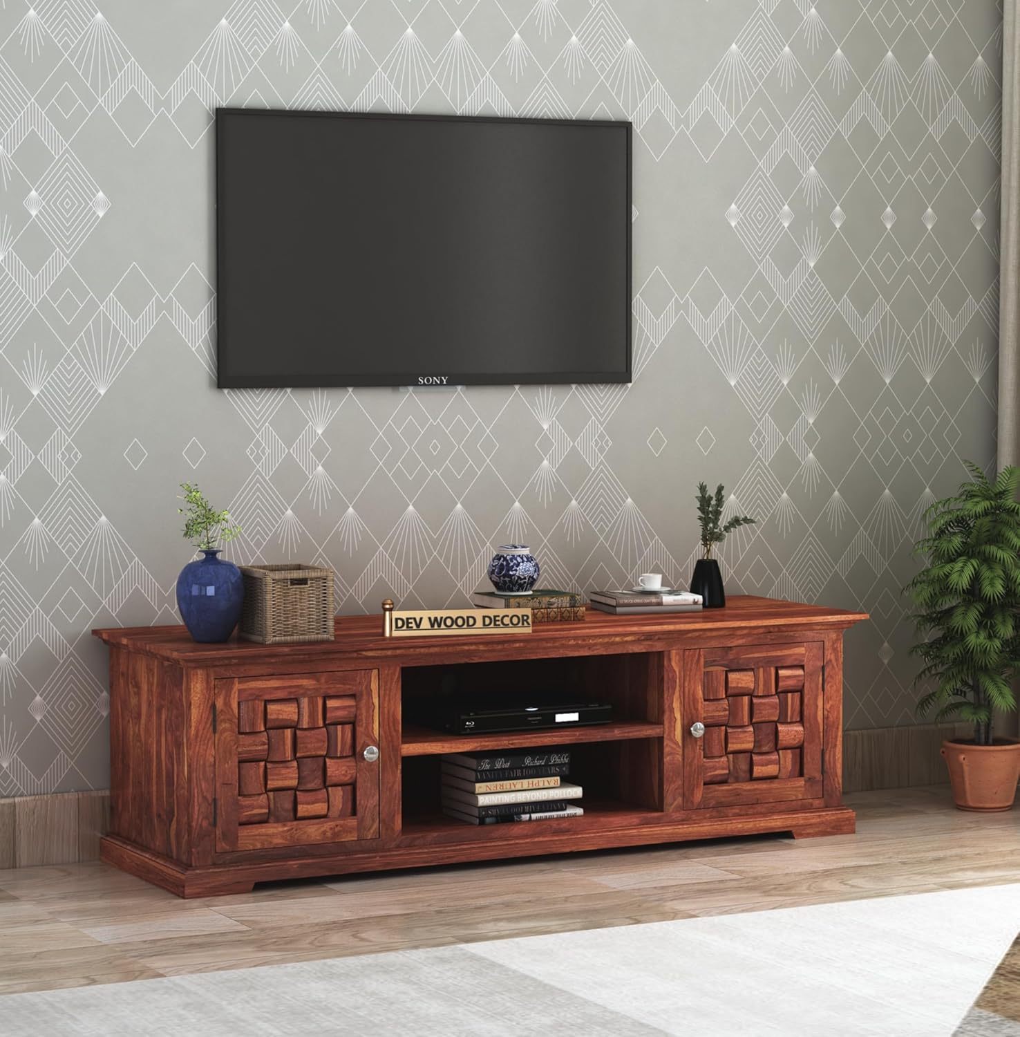 Solid Sheesham Wood TV Cabinet with 2 Door and 2 Open Shelves Storage for Living Room Kitchen Wooden Entertainment TV Unit Center Console TV Stand for Bedroom