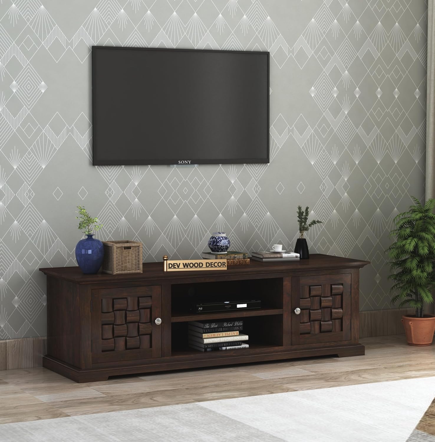 Solid Sheesham Wood TV Cabinet with 2 Door and 2 Open Shelves Storage for Living Room Kitchen Wooden Entertainment TV Unit Center Console TV Stand for Bedroom