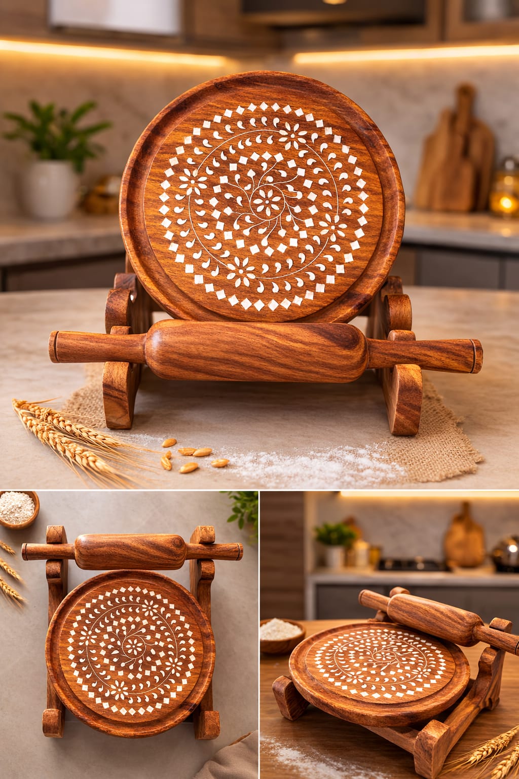 Dev wood decor|Premium sheeshm Wood Chakla Belan Set with Stand