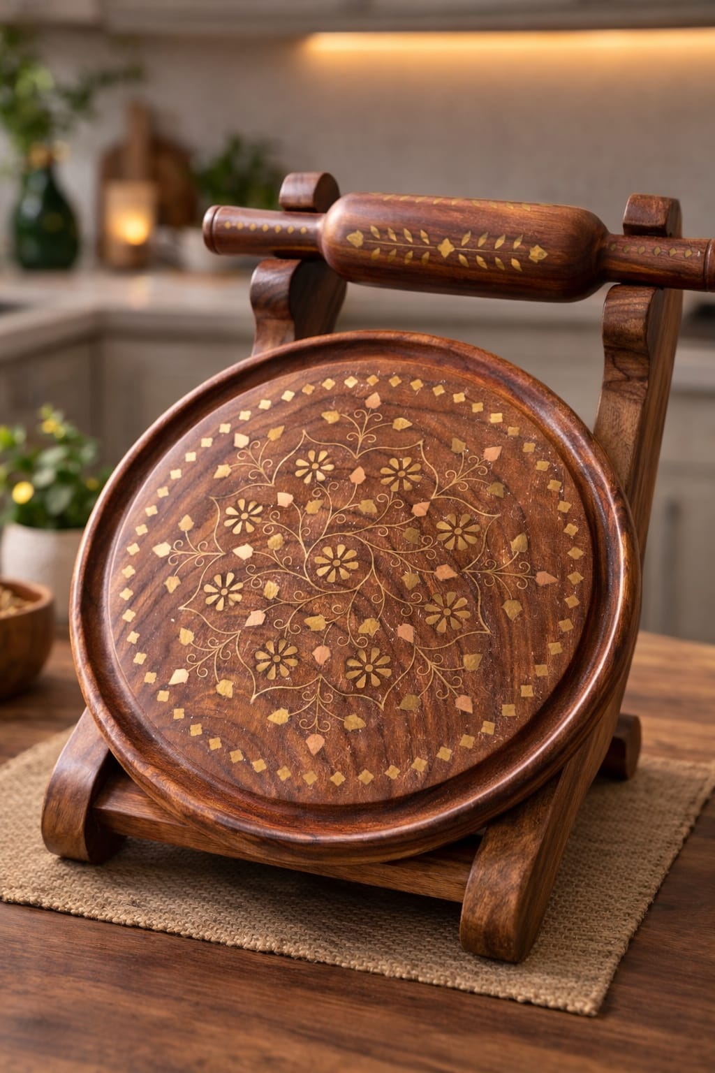 Dev wood decor|Luxury Wooden Chakla Belan Set with Stand | Premium Sheesham Wood Chakla Belan (34×22 cm)