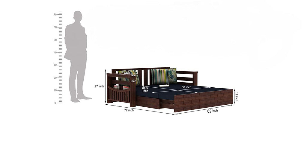 Solid Sheesham Wood 3 Seater Italian Sofa Cum Bed with Side Pockets for Living Room Wooden Sofa Furniture for Home