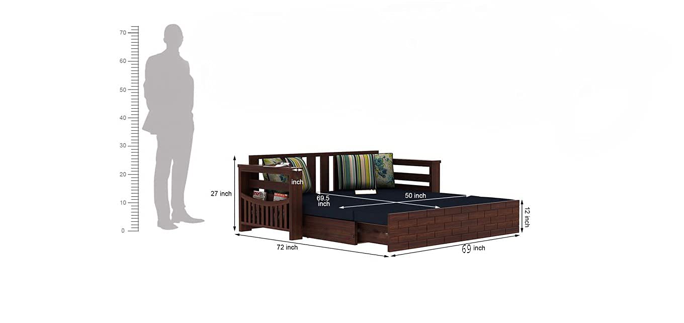 Solid Sheesham Wood 3 Seater Italian Sofa Cum Bed with Side Pockets for Living Room Wooden Sofa Furniture for Home