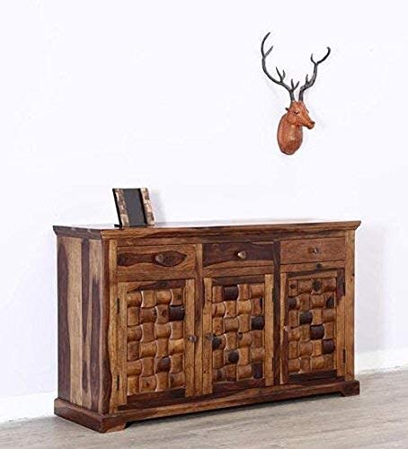 Solid Sheesham Wood Sideboard Cabinet with 3 Drawer and 3 Door Storage for Living Room Home and Office Wooden Floor Standing Cabinet Furniture for Entryway