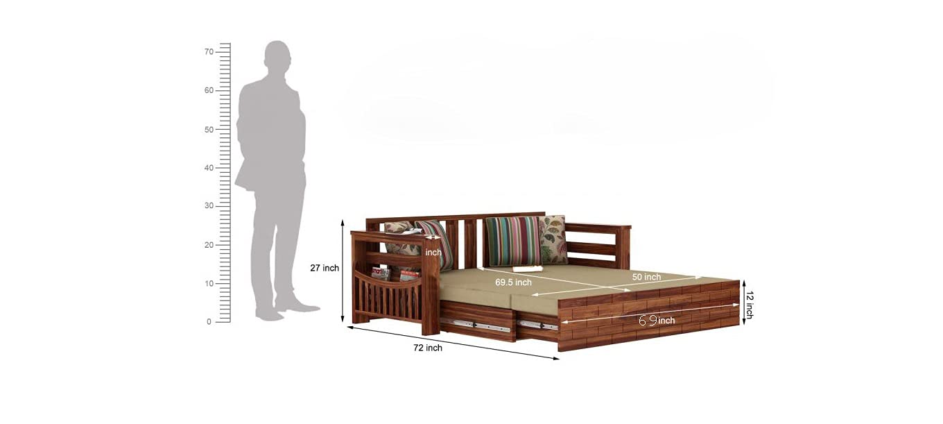 Solid Sheesham Wood 3 Seater Italian Sofa Cum Bed with Side Pockets for Living Room Wooden Sofa Furniture for Home