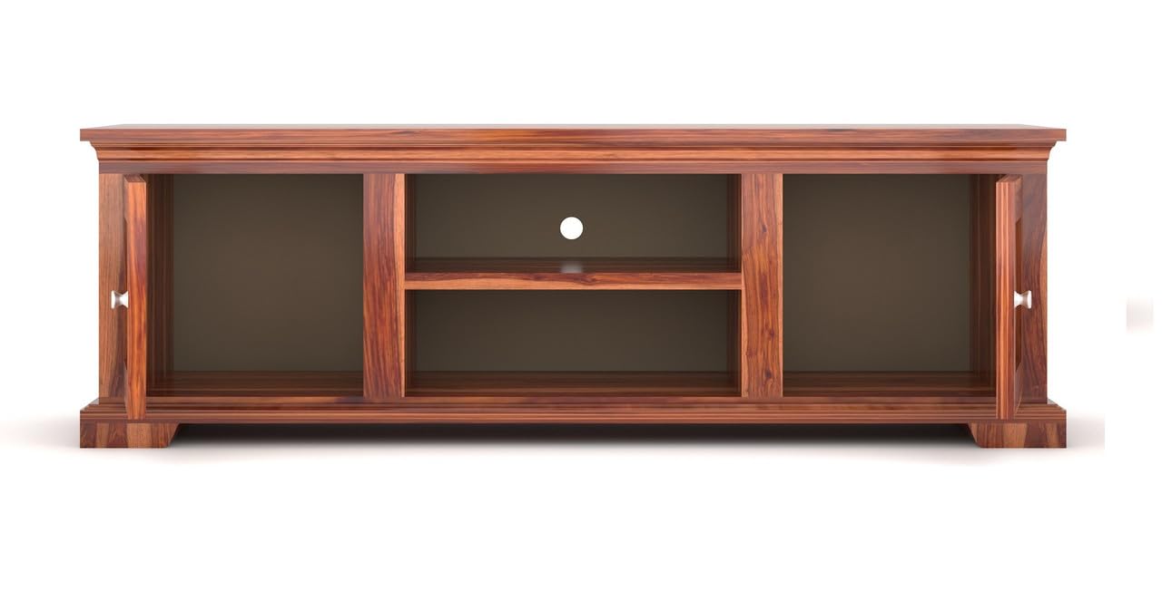 Solid Sheesham Wood TV Cabinet with 2 Door and 2 Open Shelves Storage for Living Room Kitchen Wooden Entertainment TV Unit Center Console TV Stand for Bedroom