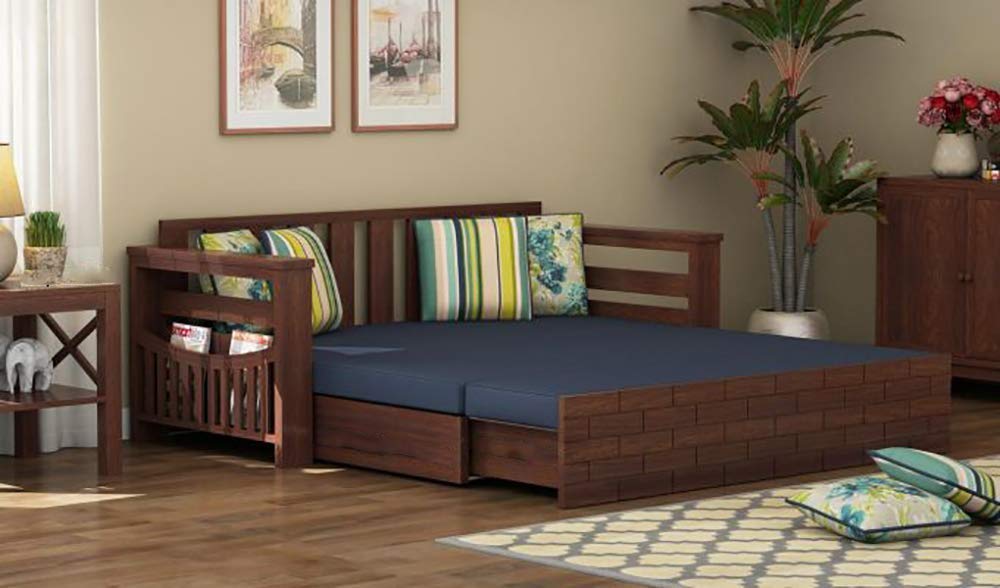 Solid Sheesham Wood 3 Seater Italian Sofa Cum Bed with Side Pockets for Living Room Wooden Sofa Furniture for Home