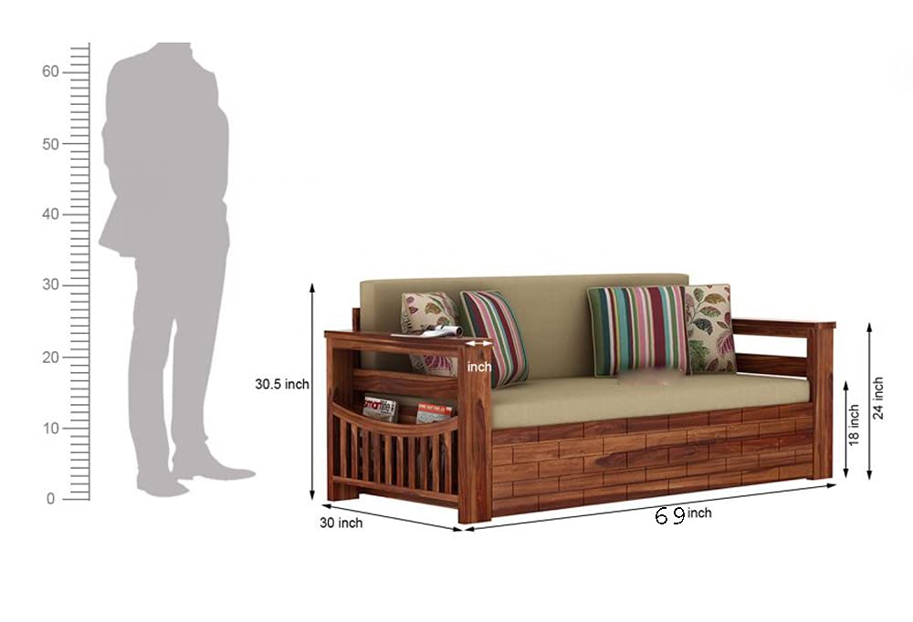 Solid Sheesham Wood 3 Seater Italian Sofa Cum Bed with Side Pockets for Living Room Wooden Sofa Furniture for Home