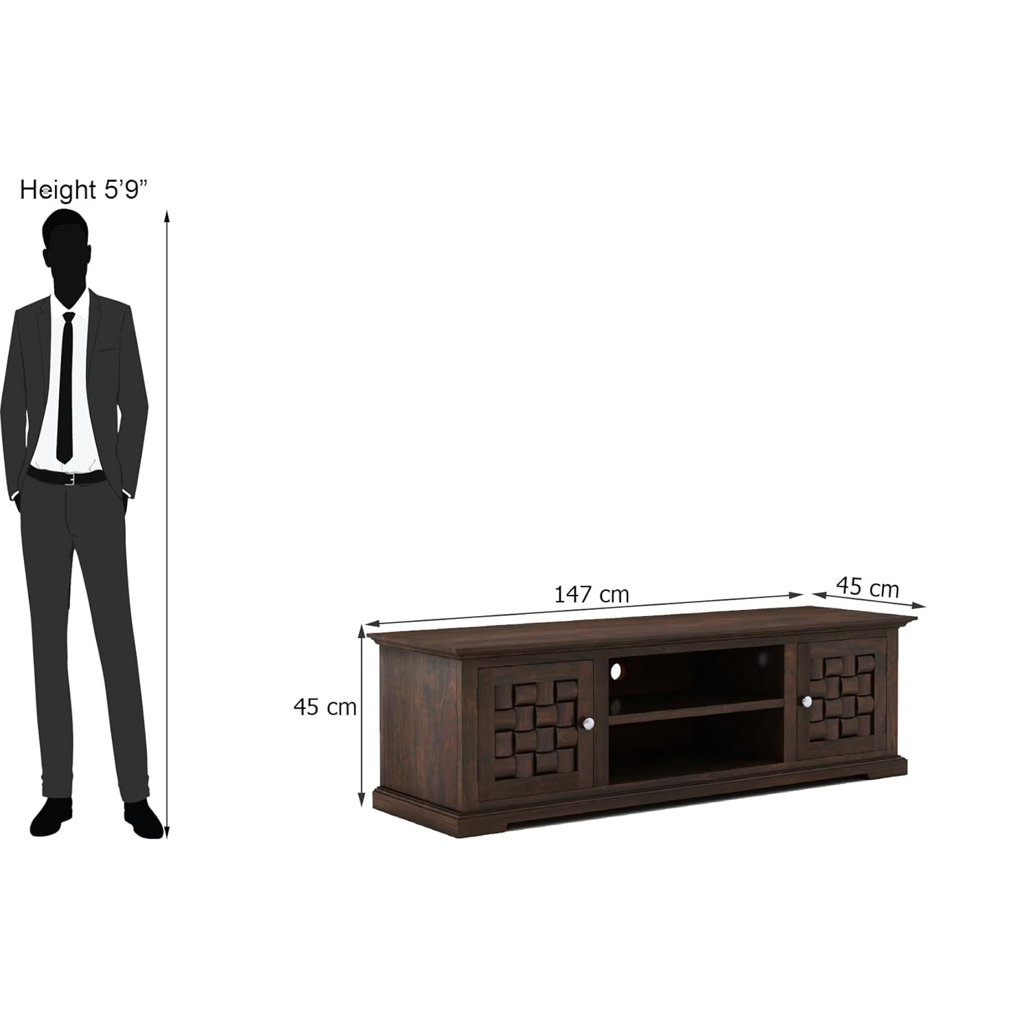 Solid Sheesham Wood TV Cabinet with 2 Door and 2 Open Shelves Storage for Living Room Kitchen Wooden Entertainment TV Unit Center Console TV Stand for Bedroom