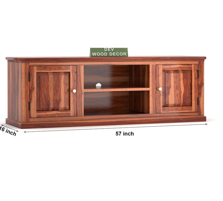 Solid Sheesham Wood TV Cabinet with 2 Door and 2 Open Shelves Storage for Living Room Kitchen Wooden Entertainment TV Unit Center Console TV Stand for Bedroom