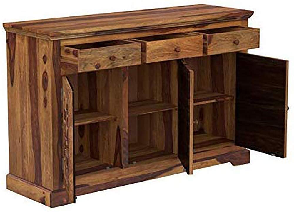 Solid Sheesham Wood Sideboard Cabinet with 3 Drawer and 3 Door Storage for Living Room Home and Office Wooden Floor Standing Cabinet Furniture for Entryway