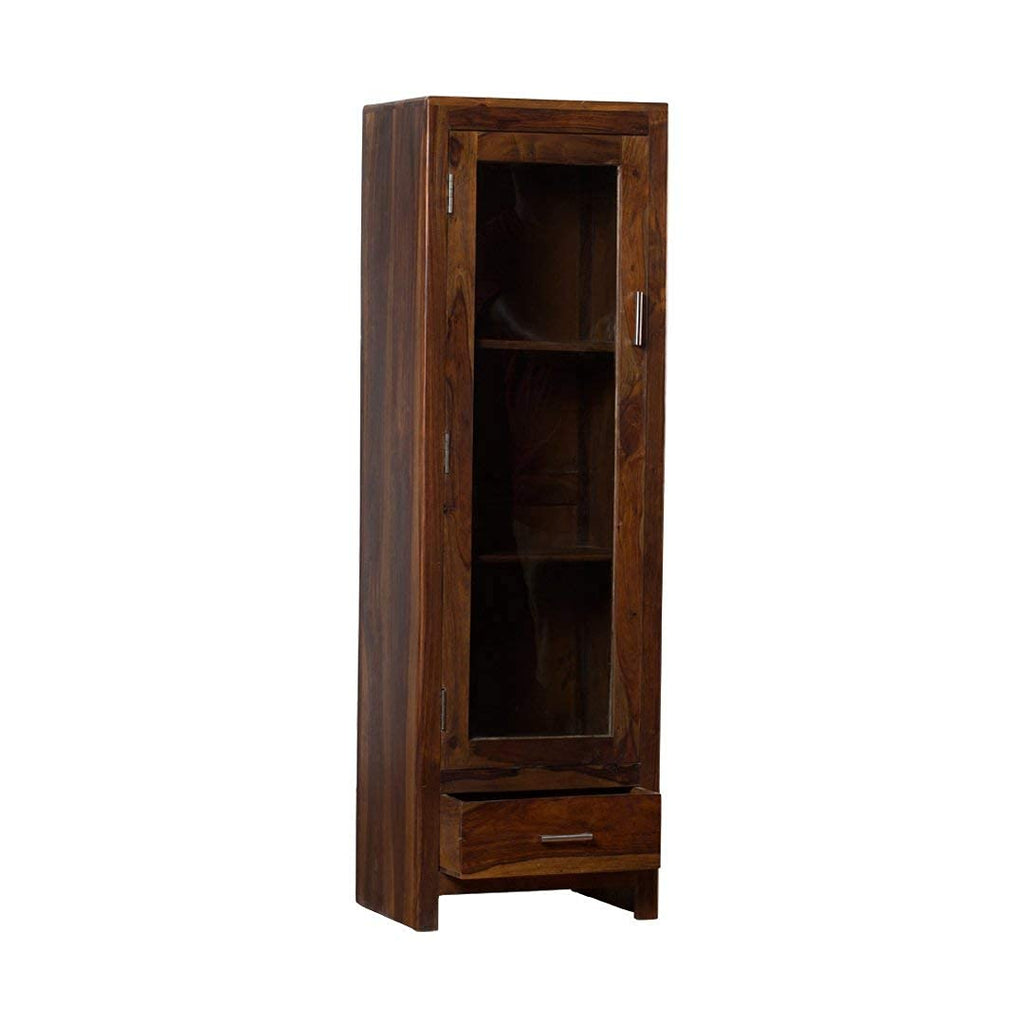 Sheesham Wood Bookshelf with 1 Drawer and Glass Door Storage for Living Room Wooden Display Rack Bookcase Stand Book Shelf Crockery Unit Furniture for Home Library