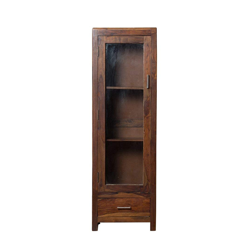 Sheesham Wood Bookshelf with 1 Drawer and Glass Door Storage for Living Room Wooden Display Rack Bookcase Stand Book Shelf Crockery Unit Furniture for Home Library