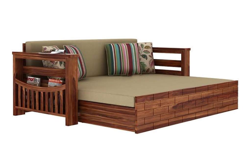 Solid Sheesham Wood 3 Seater Italian Sofa Cum Bed with Side Pockets for Living Room Wooden Sofa Furniture for Home