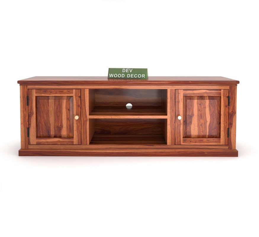 Solid Sheesham Wood TV Cabinet with 2 Door and 2 Open Shelves Storage for Living Room Kitchen Wooden Entertainment TV Unit Center Console TV Stand for Bedroom