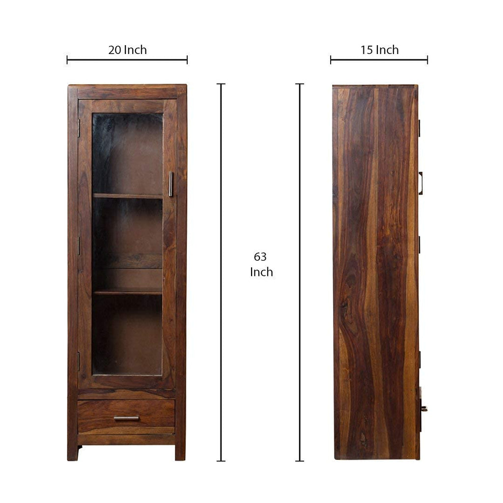 Sheesham Wood Bookshelf with 1 Drawer and Glass Door Storage for Living Room Wooden Display Rack Bookcase Stand Book Shelf Crockery Unit Furniture for Home Library