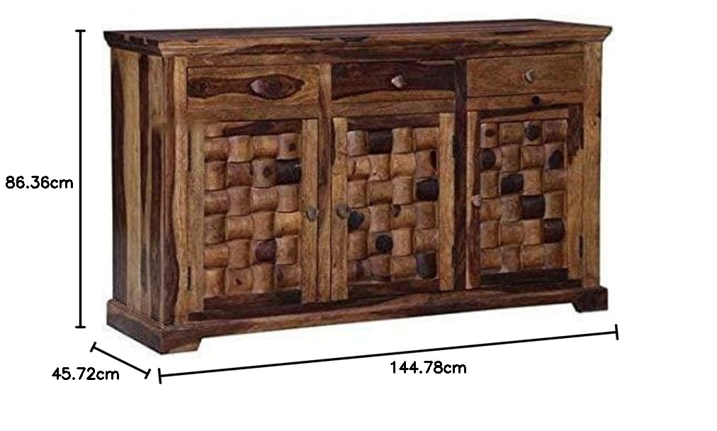 Solid Sheesham Wood Sideboard Cabinet with 3 Drawer and 3 Door Storage for Living Room Home and Office Wooden Floor Standing Cabinet Furniture for Entryway