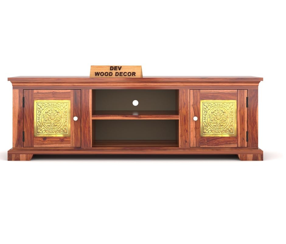 Solid Sheesham Wood TV Cabinet with 2 Door and 2 Open Shelves Storage for Living Room Kitchen Wooden Entertainment TV Unit Center Console TV Stand for Bedroom