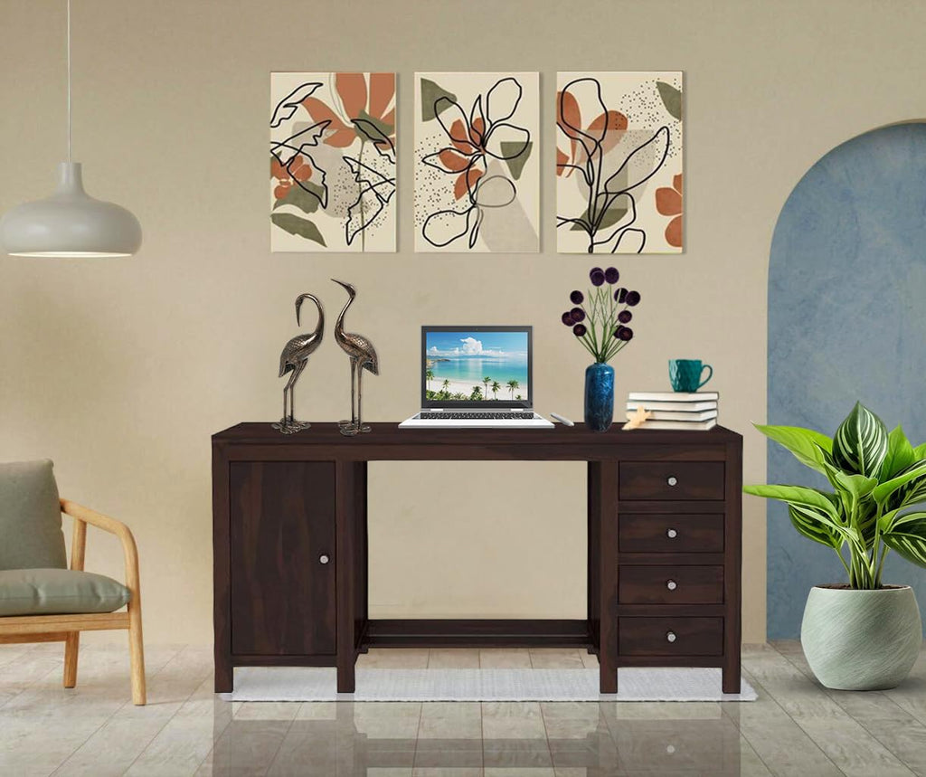 Solid Sheesham Wood Study Table With 4 Drawer and 1 Door Storage for Living Room | Wooden Computer Desktop Laptop, Desk Furniture for Students Work Office Table for Home