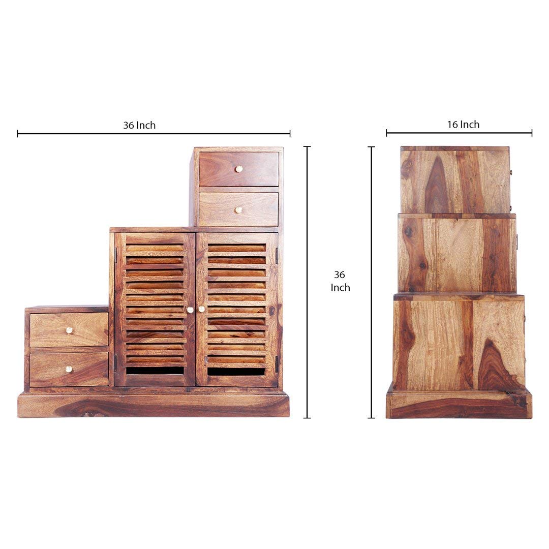 Solid Sheesham Wood Step Multipurpose Storage Cabinet 4 Drawer and 2 Shutter Design Doors for Living Room Wooden Shoe Rack Cabinet Footwear Stand Organizer Furniture