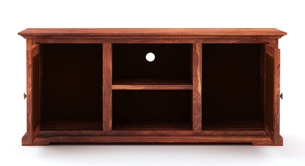 Solid Sheesham Wood TV Cabinet with 2 Door and 2 Open Shelves Storage for Living Room Kitchen Wooden Entertainment TV Unit Center Console TV Stand for Bedroom