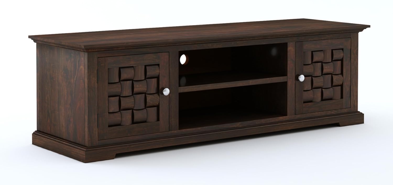 Solid Sheesham Wood TV Cabinet with 2 Door and 2 Open Shelves Storage for Living Room Kitchen Wooden Entertainment TV Unit Center Console TV Stand for Bedroom