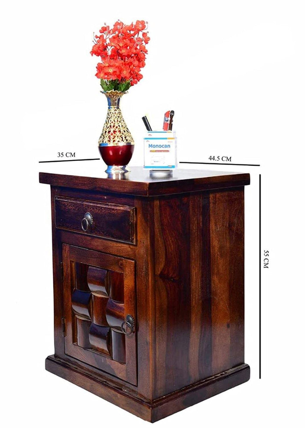 Solid Sheesham Wood Bedside Table with 1 Drawer and 1 Door Storage | Wooden Bed Side End Tables Night Stand for Home Living Room Bedroom - Brown Walnut Color Matte Finish