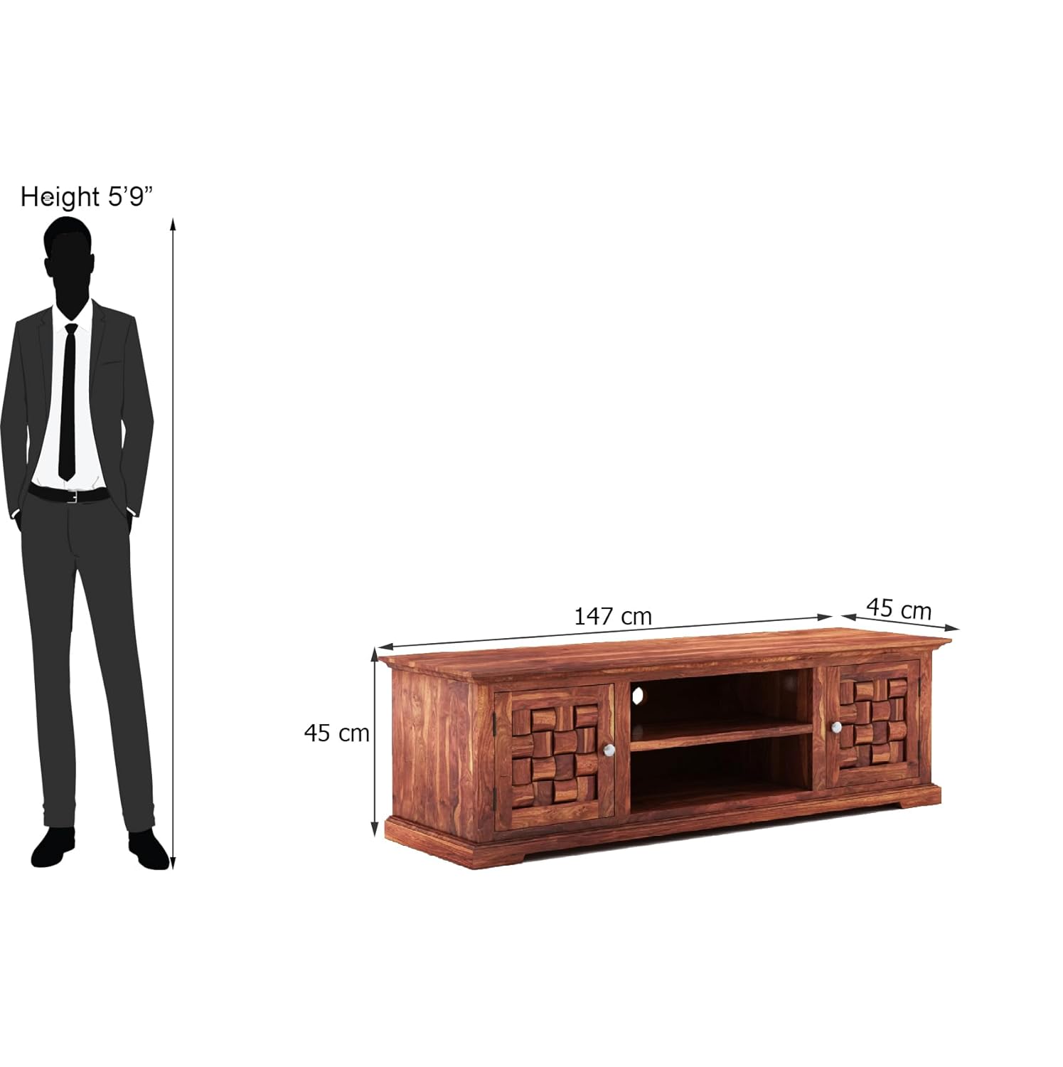 Solid Sheesham Wood TV Cabinet with 2 Door and 2 Open Shelves Storage for Living Room Kitchen Wooden Entertainment TV Unit Center Console TV Stand for Bedroom